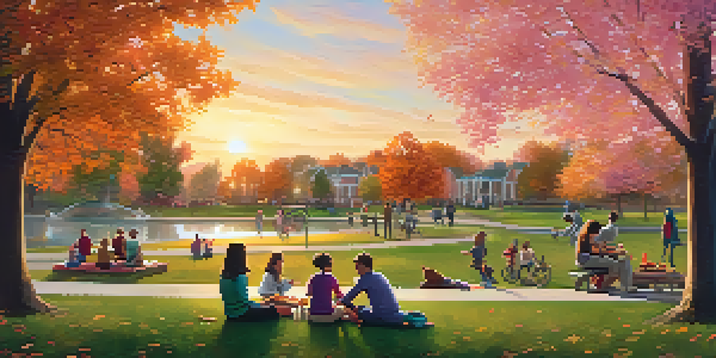 A diverse group of people enjoying a community park during sunset, with a family having a picnic and children playing.