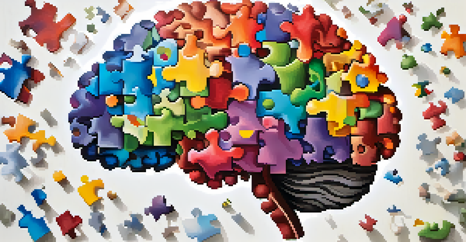 A colorful puzzle piece brain symbolizing cognitive complexity and mental health.