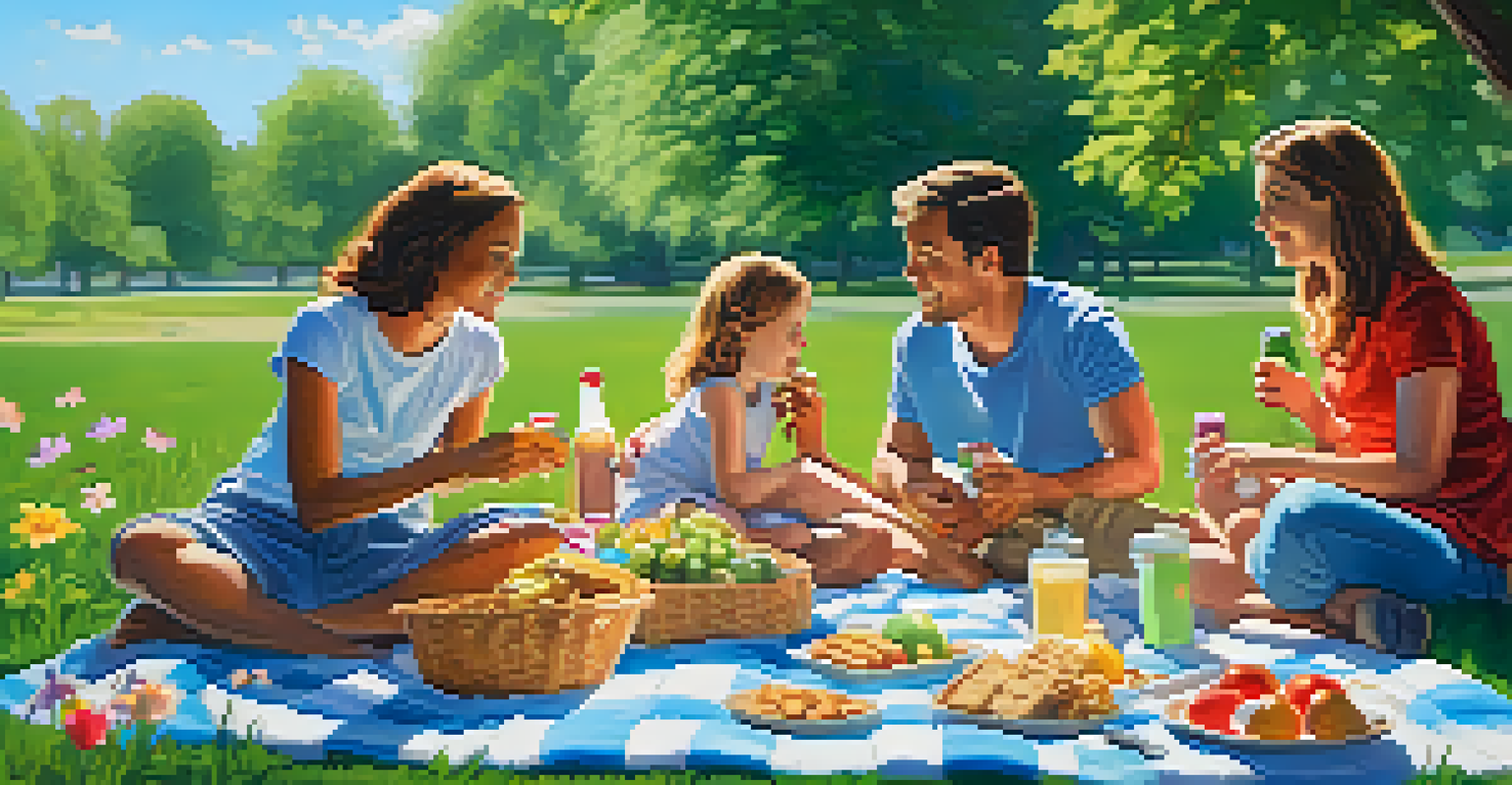 A blended family having a picnic on a sunny day in a park, with children playing nearby and a vibrant natural setting.