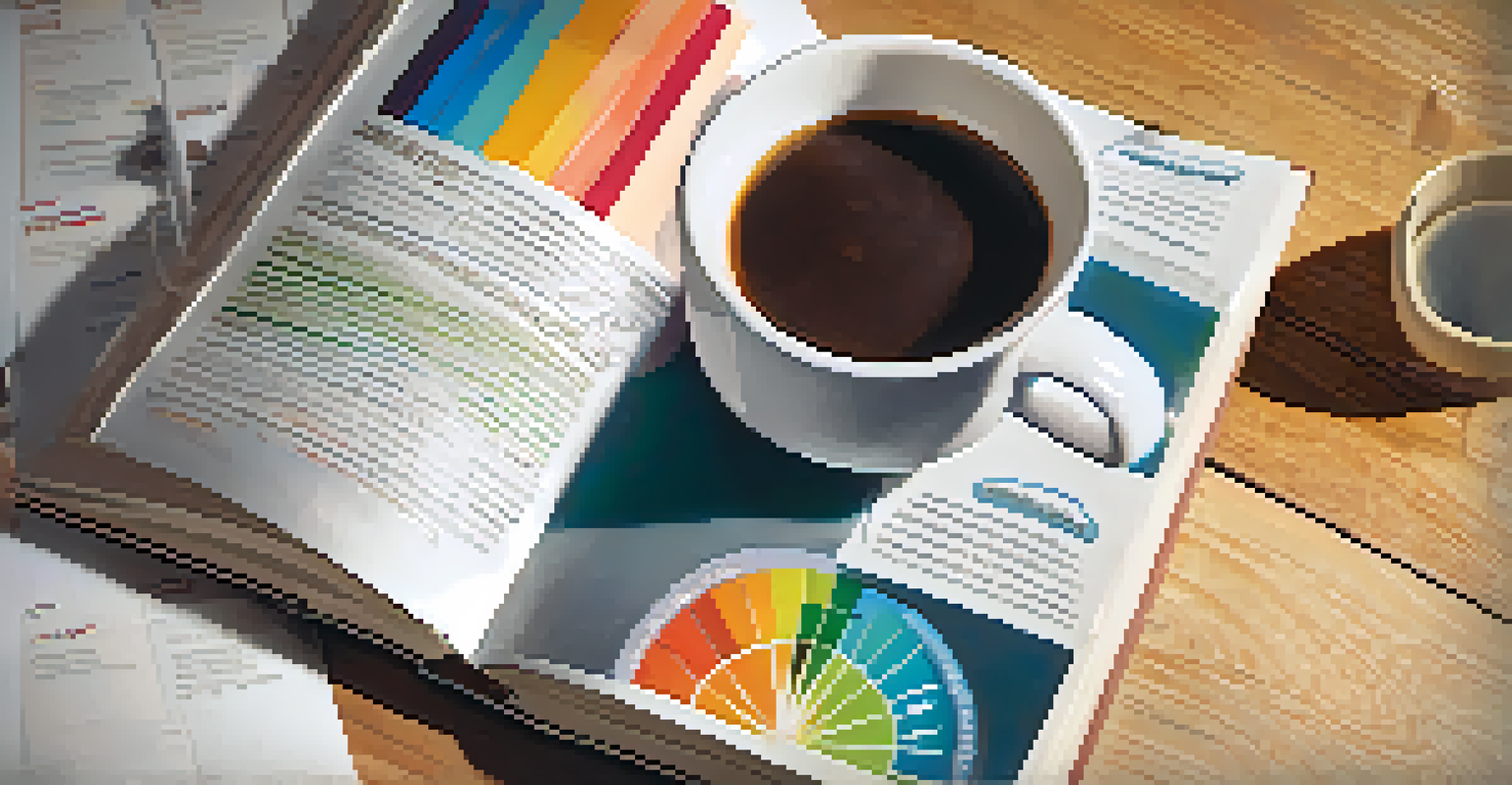 An open book with educational materials on addiction prevention in a cozy coffee shop, with infographics and a cup of coffee nearby.