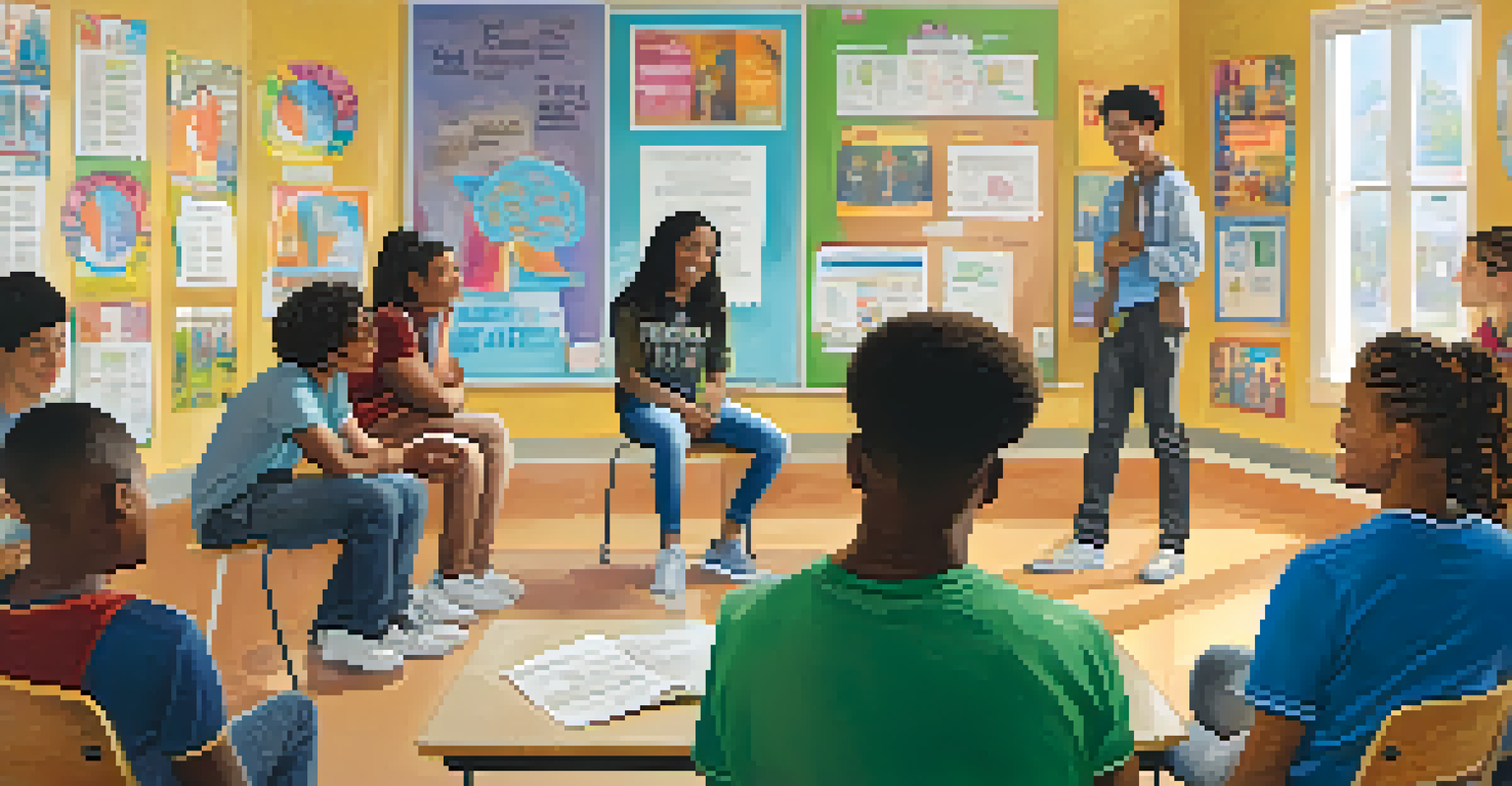 A diverse group of teenagers in a classroom discussing mental health with a teacher.