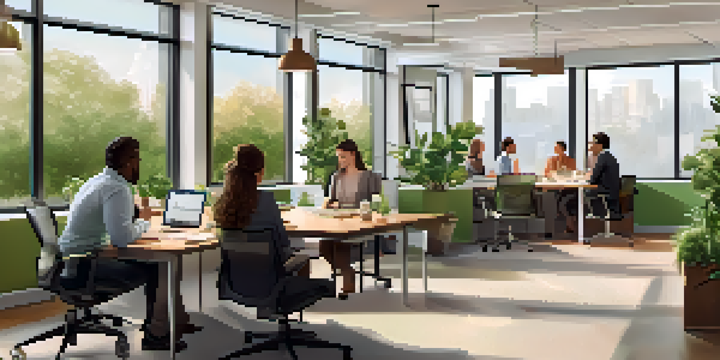 A diverse group of employees having a supportive discussion in a bright office space with plants and motivational posters.