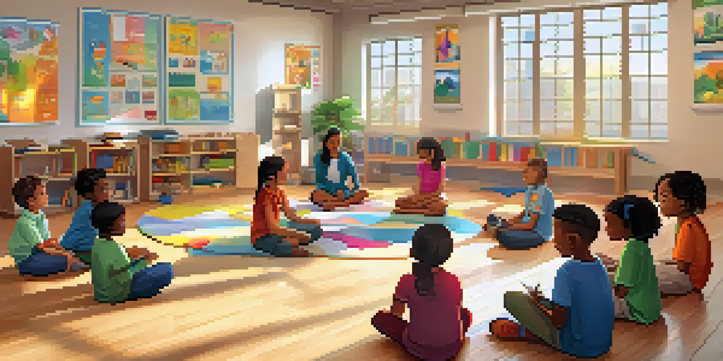 A classroom with children participating in a social-emotional learning activity, surrounded by warm light and colorful educational posters.