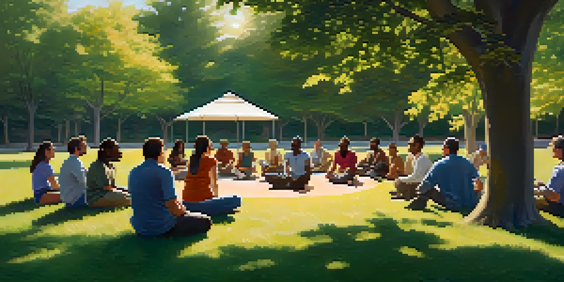 A diverse group of men and women in a circle during an outdoor therapy session, surrounded by trees and sunlight.
