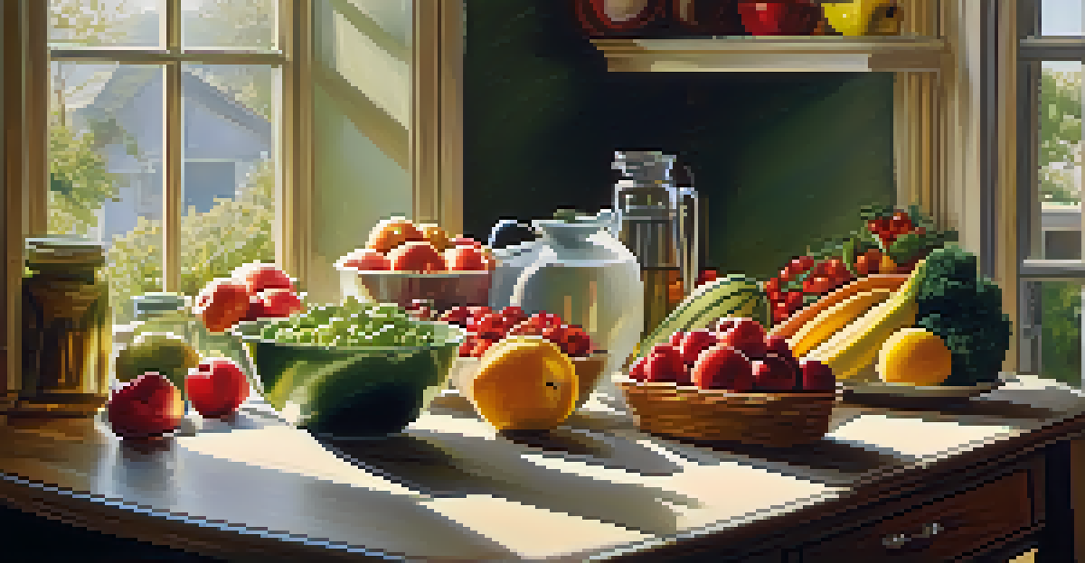 A kitchen table adorned with an array of colorful healthy foods, including fruits, vegetables, and whole grains in a sunlit room.