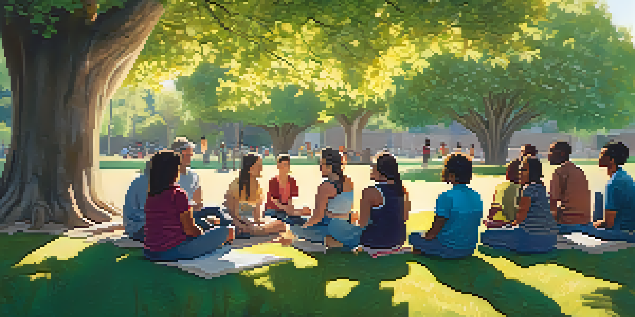 A diverse group of individuals sitting in a circle under a tree, engaged in a support group meeting in a sunny park.