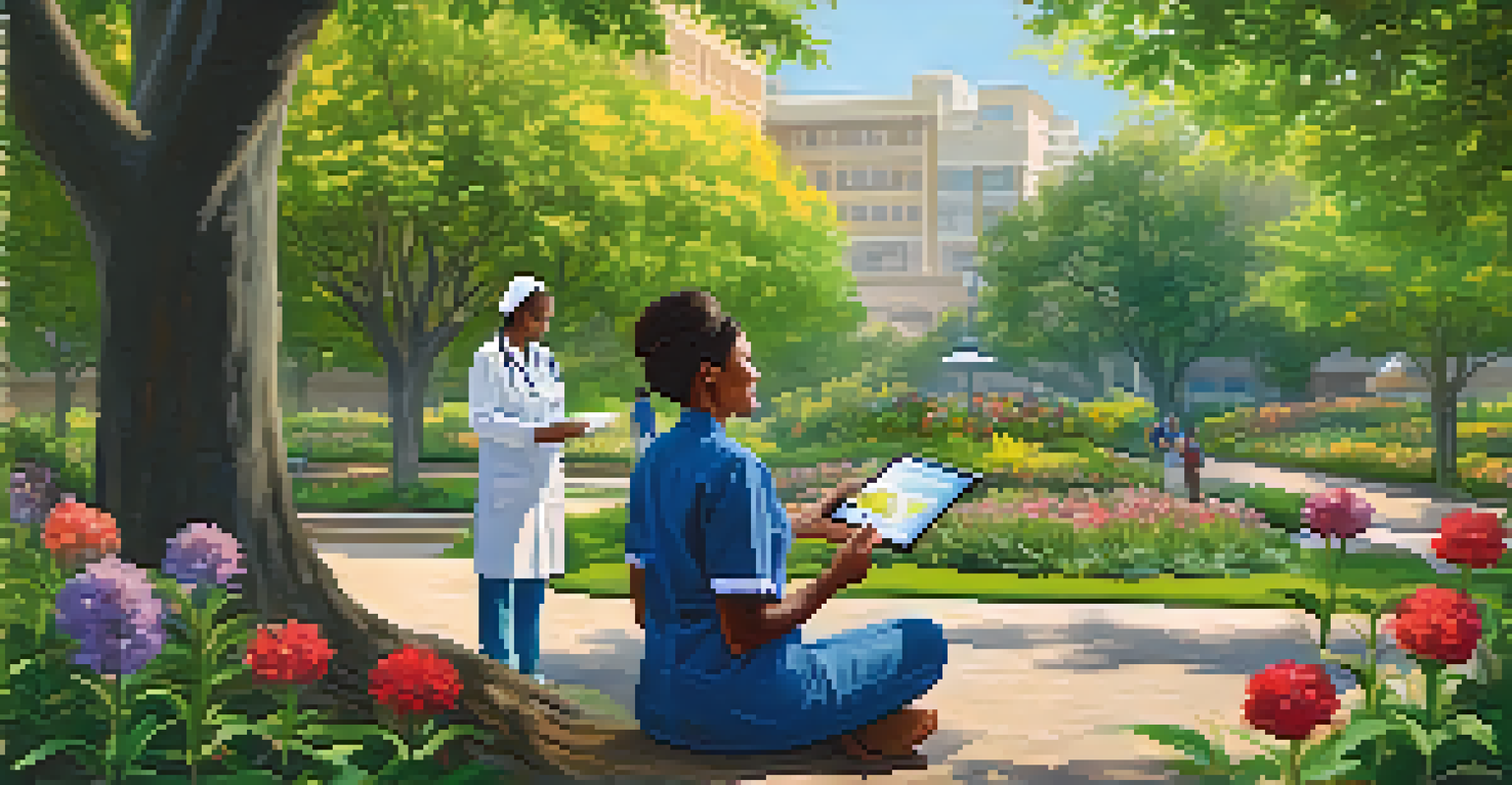 A healthcare worker and a patient in a park, engaged in a compassionate conversation, showcasing a supportive interaction.