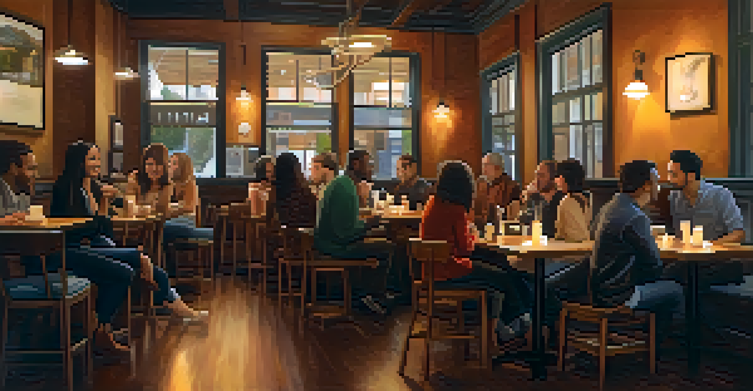 A group of diverse people in a coffee shop, having a supportive conversation.