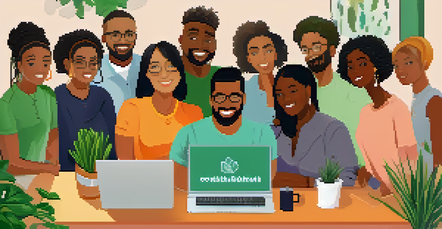 A laptop screen displaying a virtual support group with diverse individuals, set in a bright room with houseplants and motivational quotes.