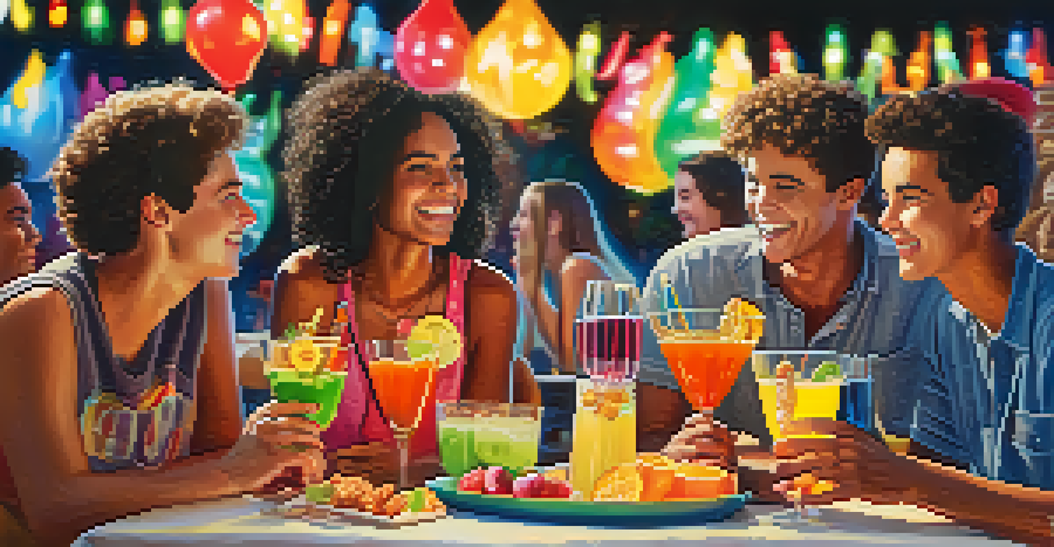 Teenagers at a social gathering enjoying colorful non-alcoholic drinks and snacks, smiling and having fun.
