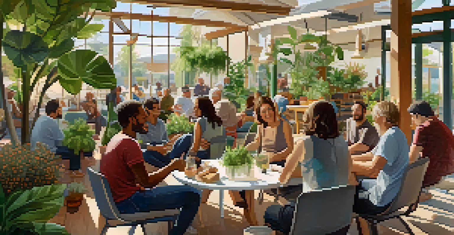 A welcoming community gathering with people sharing experiences in a cozy environment.