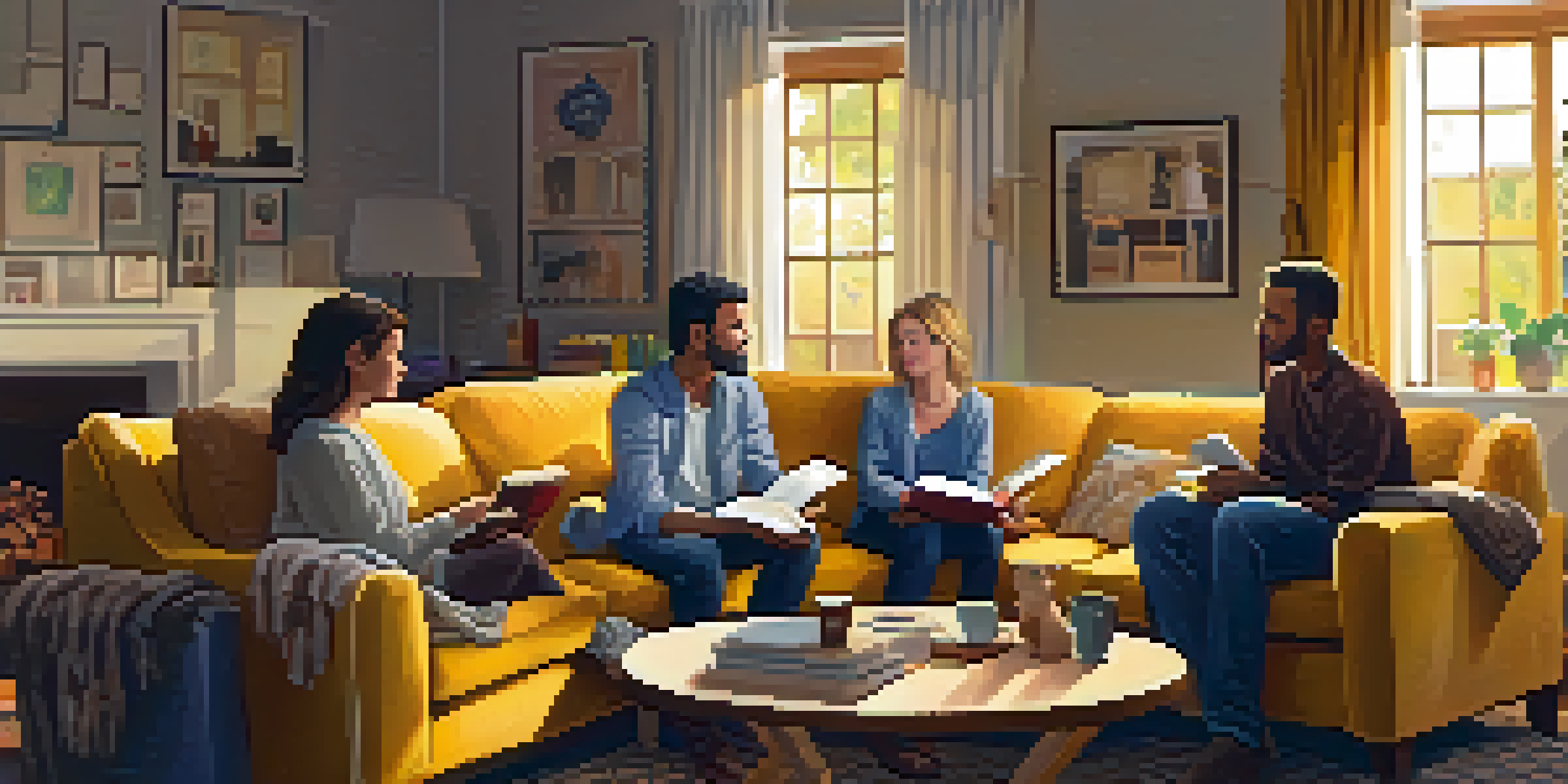 A family sitting together in a cozy living room, discussing addiction with supportive expressions.