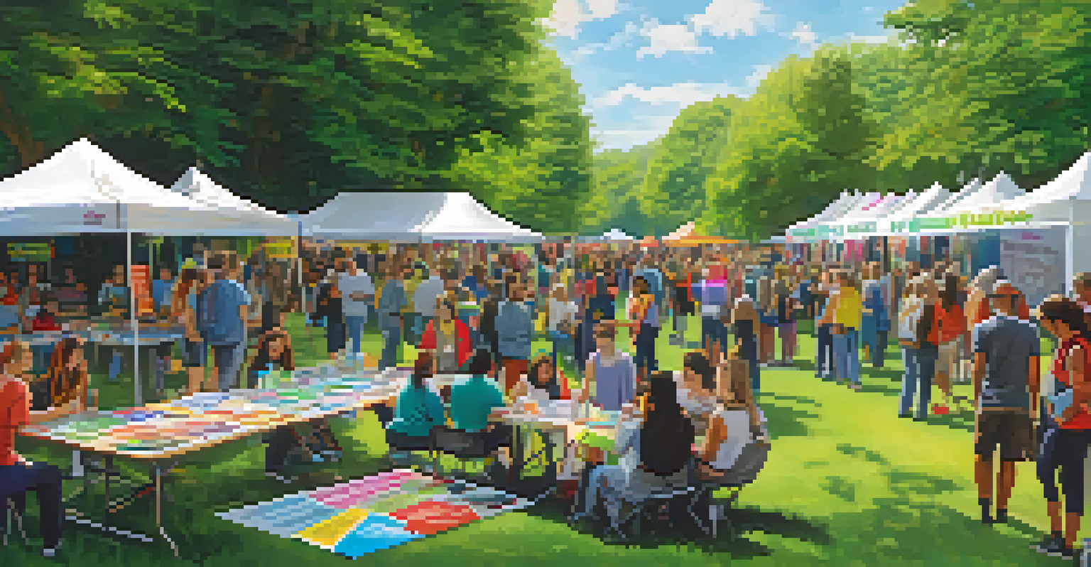 An outdoor harm reduction outreach event with volunteers and educational materials in a vibrant park.