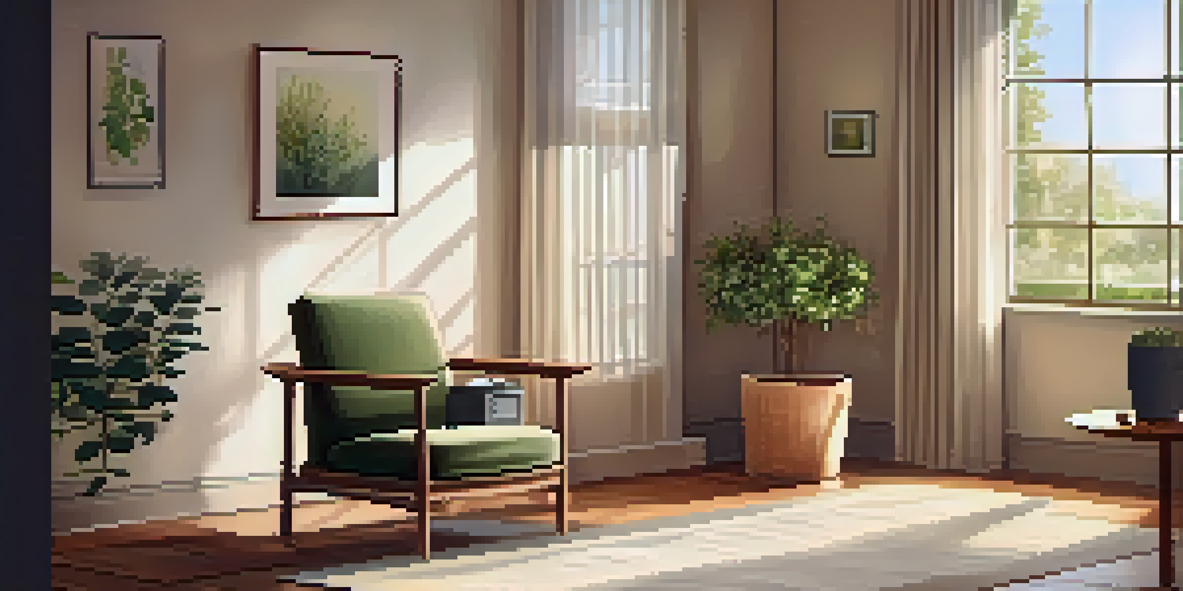 A cozy therapy room with an armchair, a journal on a table, and warm lighting.