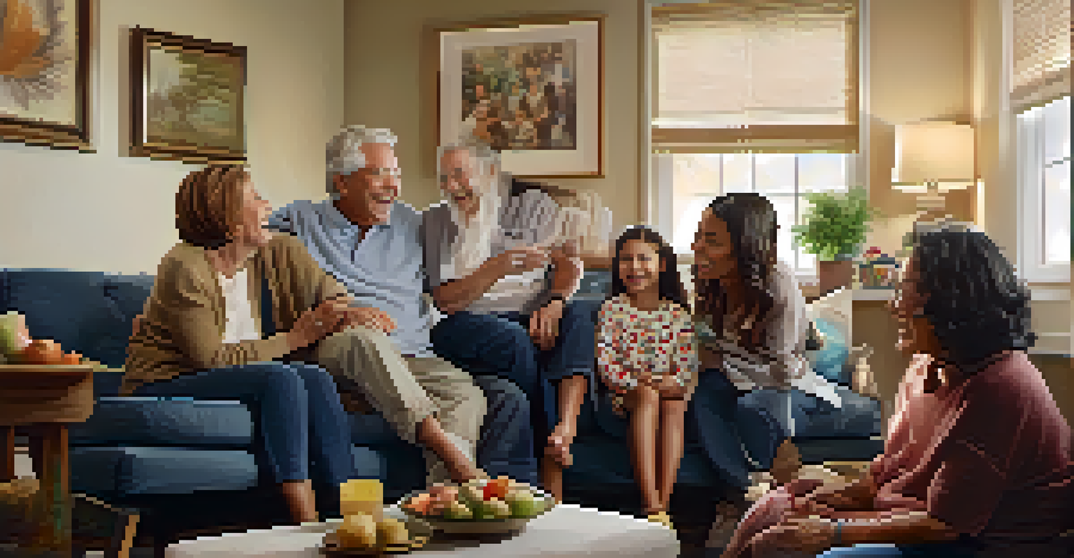 An older adult laughing with their adult children in a warmly decorated living room.