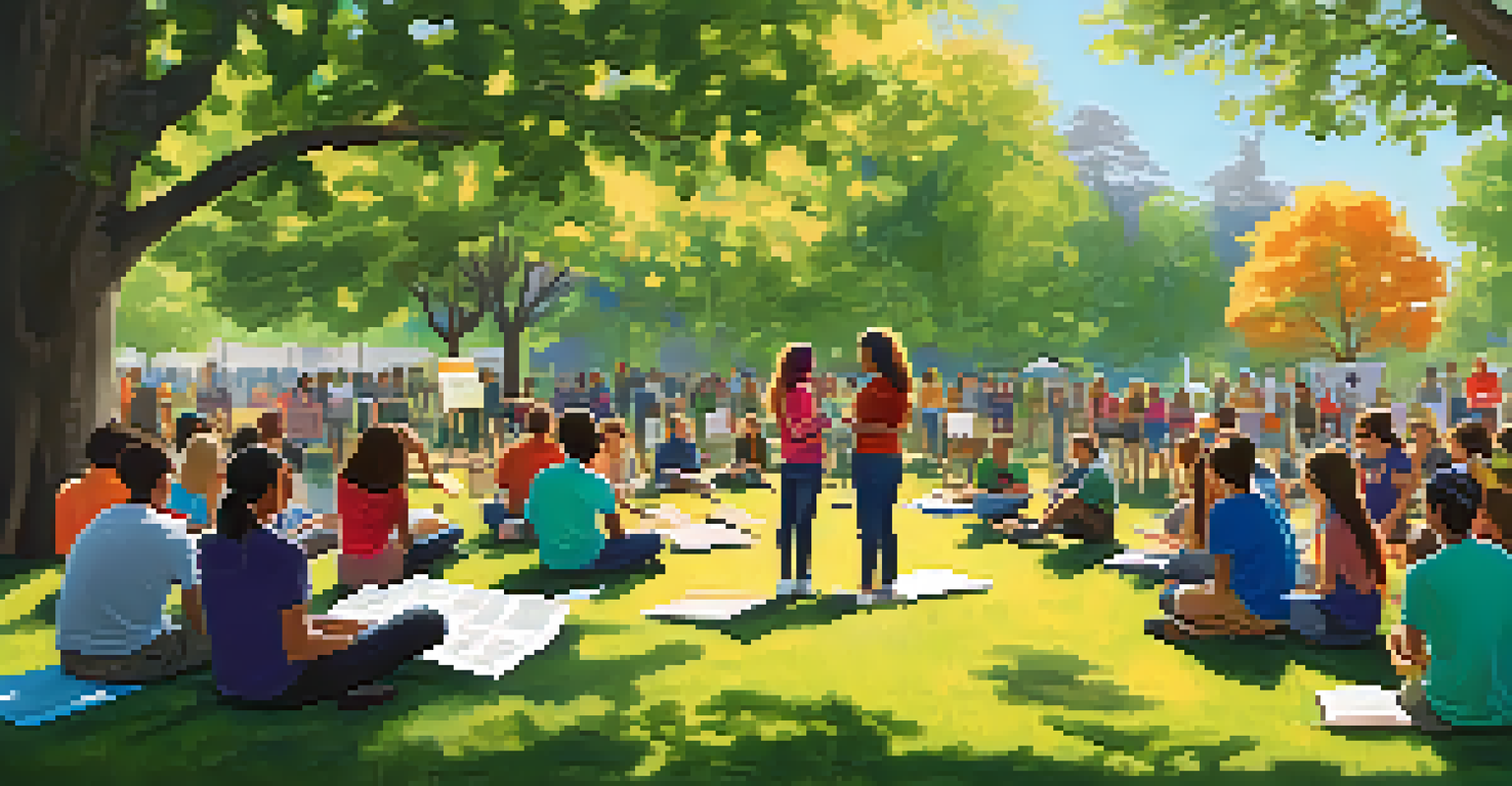 An outdoor workshop on addiction awareness in a park, with young adults engaged around a speaker, creating a vibrant and educational atmosphere.