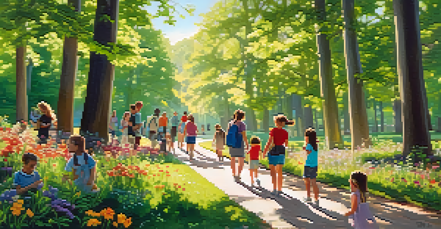 A family hiking together in a green park, showing joy and connection amidst nature.