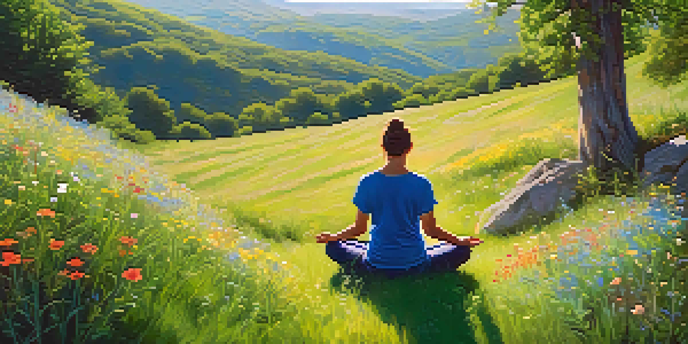 A person meditating on a hillside surrounded by flowers and trees under a clear sky.