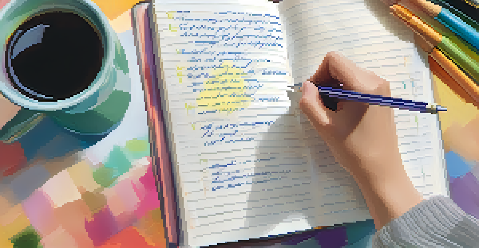 A close-up of a hand writing in a journal, surrounded by a cozy workspace filled with motivational quotes, symbolizing goal-setting.