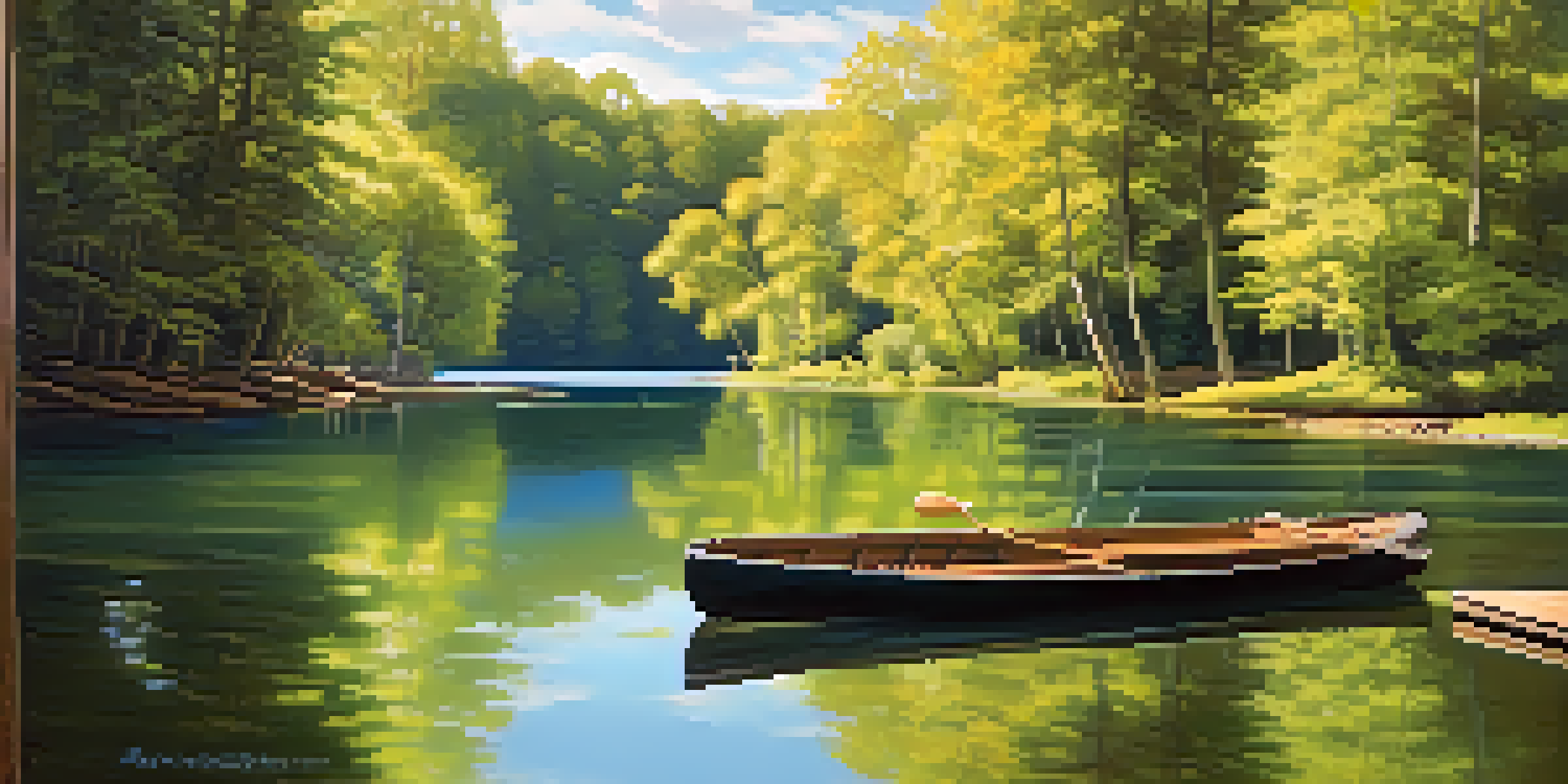A peaceful lake scene with a dock and rowboat surrounded by green trees and a clear blue sky.