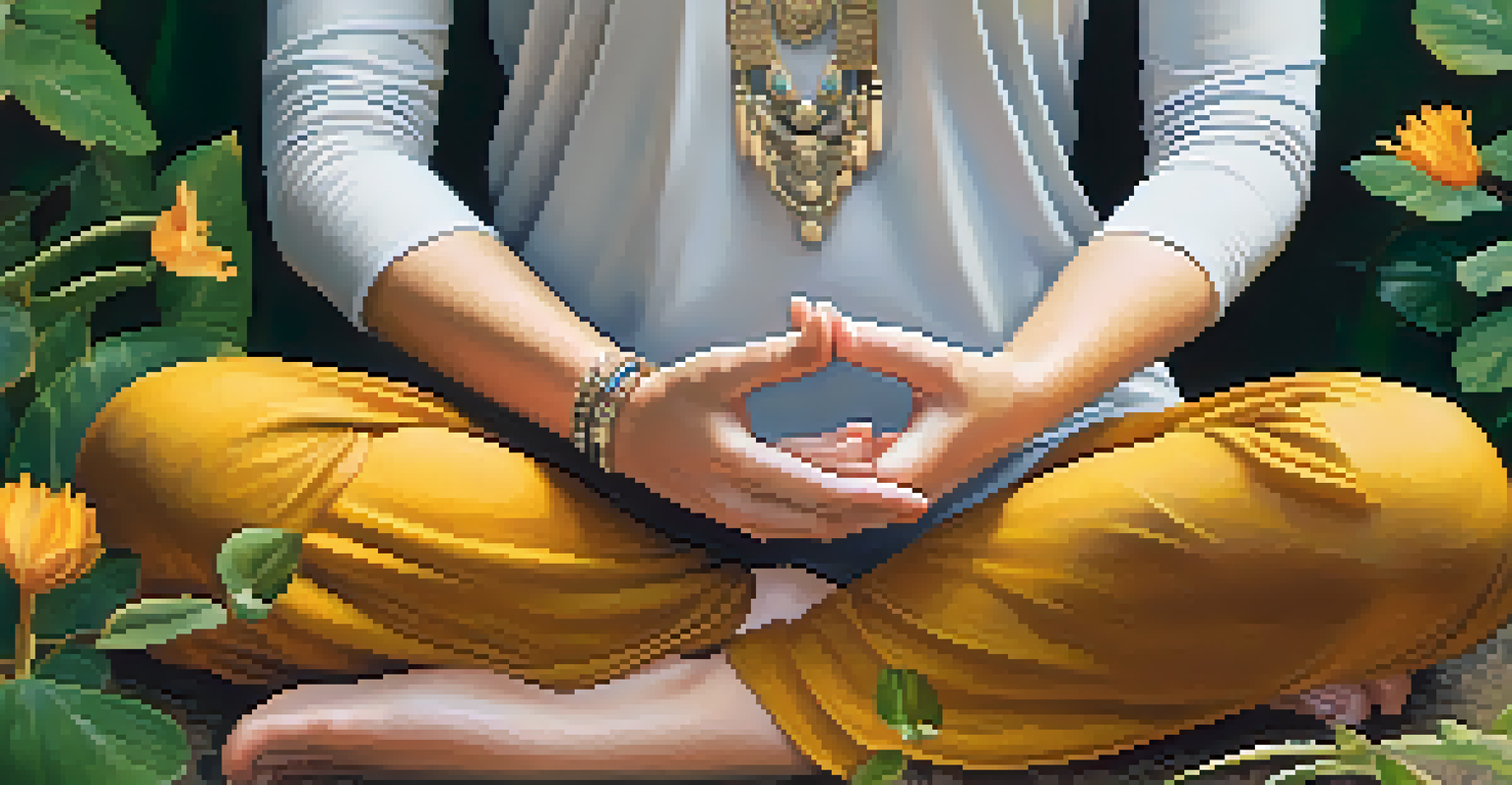 A close-up of a person's hands in a mudra gesture during meditation, with a blurred natural background of leaves and flowers.