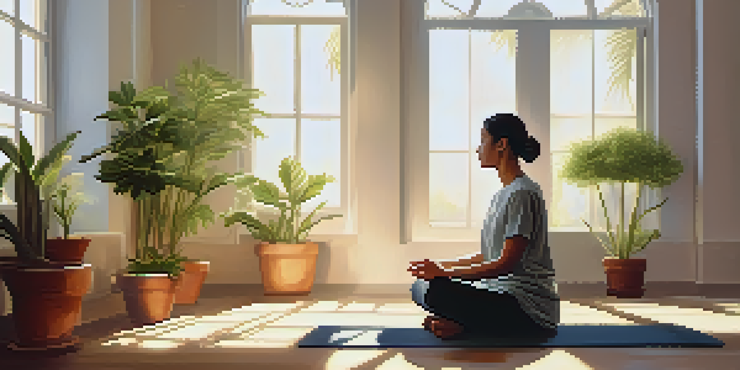 A person meditating in a sunlit room, surrounded by plants, conveying a sense of peace and mindfulness.