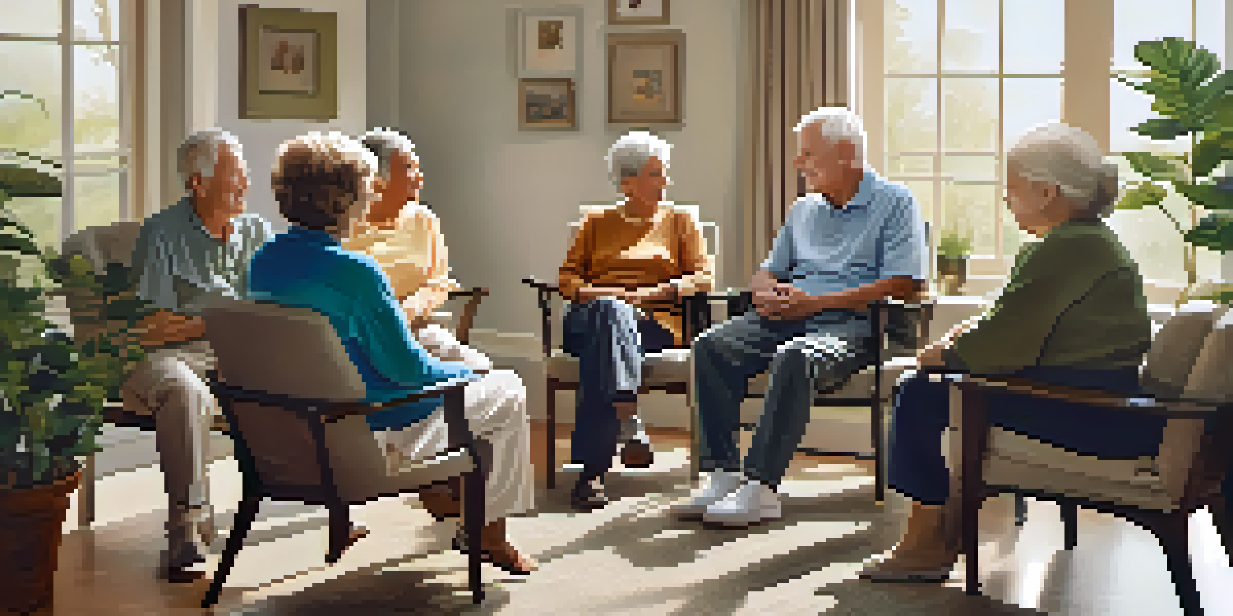 A diverse group of elderly individuals sitting in a circle, sharing their experiences in a warm and inviting room filled with natural light and plants.
