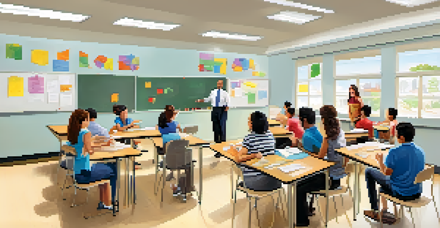 An adult education classroom with a teacher leading a job skills training session, filled with engaged participants and educational materials.