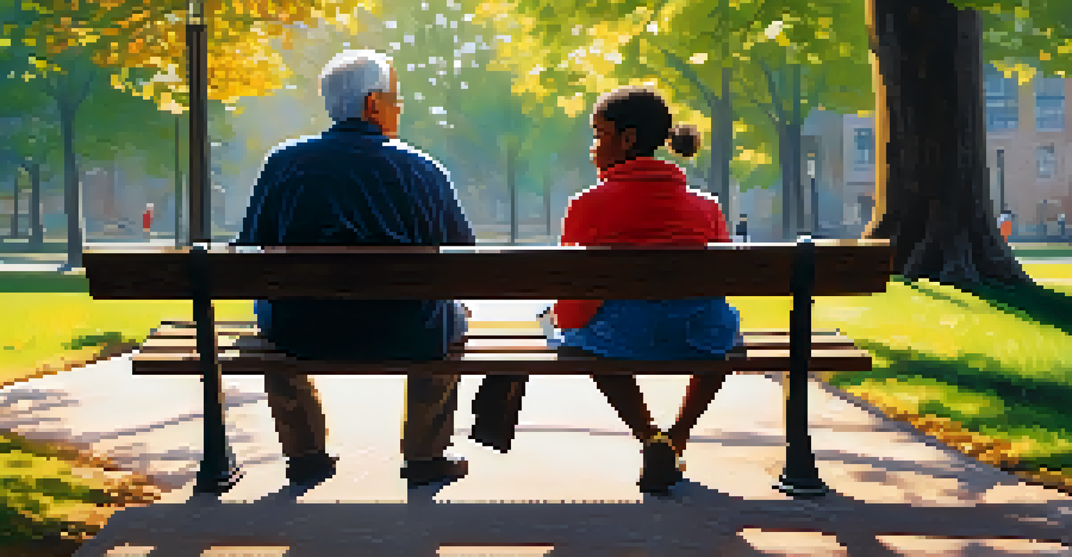 A mentor and mentee having a supportive conversation on a park bench, with sunlight filtering through trees.