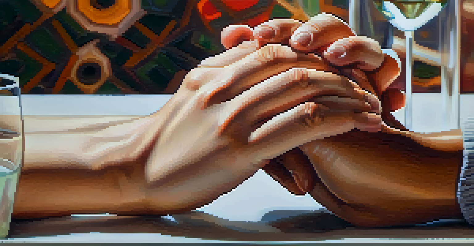 Two hands clasped together on a table, representing support and empathy during difficult conversations.