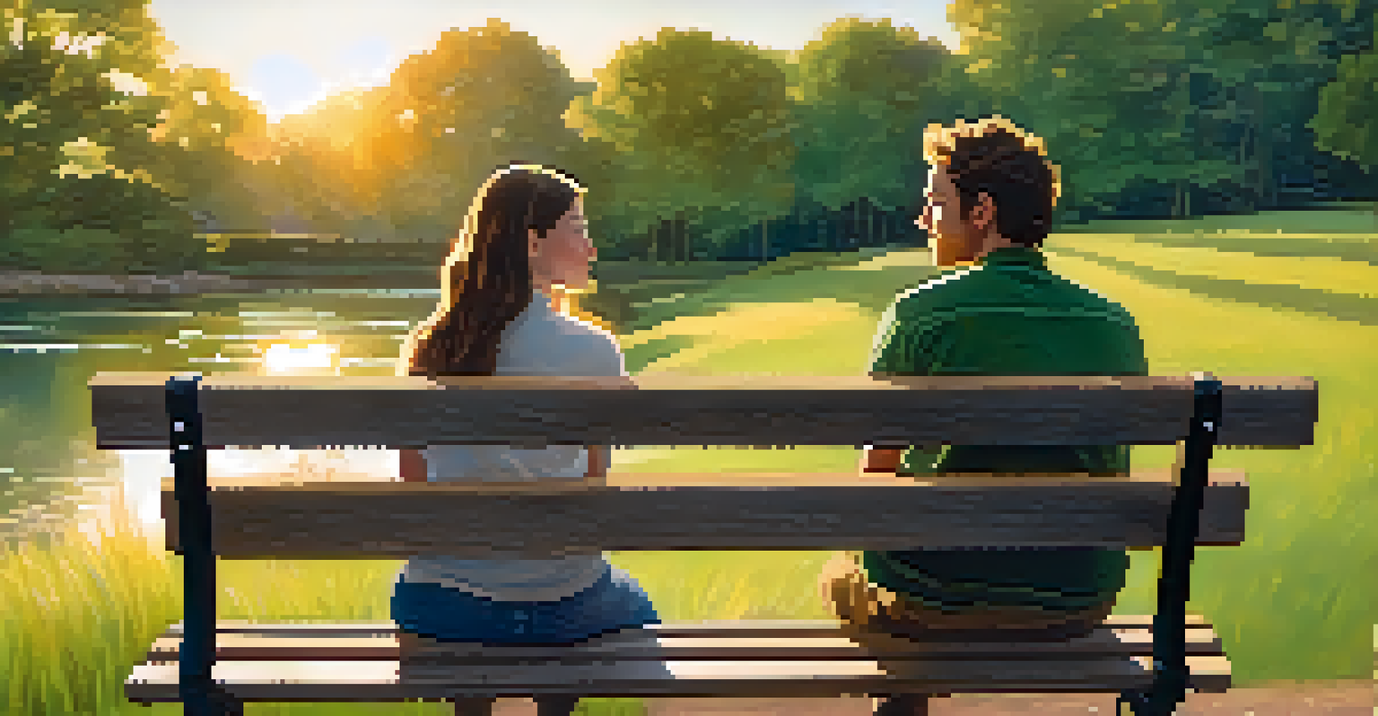 Two friends sitting on a park bench in a serene outdoor setting, engaged in a heartfelt conversation during sunset.