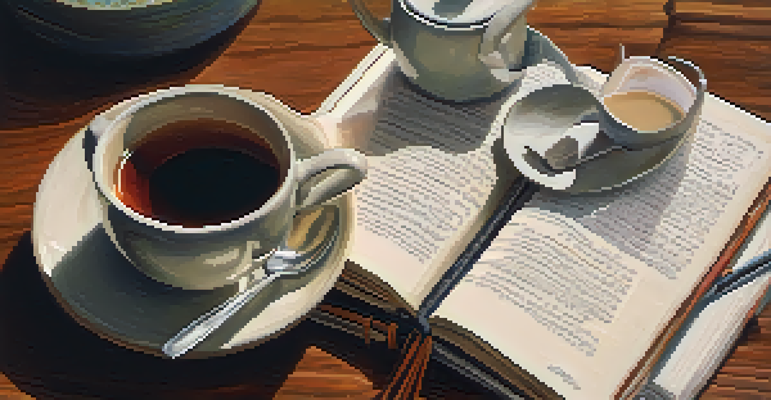 A close-up of a couple's hands intertwined on a table, with tea cups and a journal in the background.