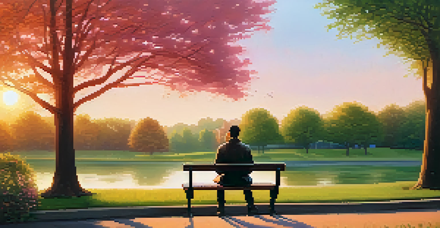 A solitary person sitting on a park bench at sunset, deep in thought, surrounded by nature.