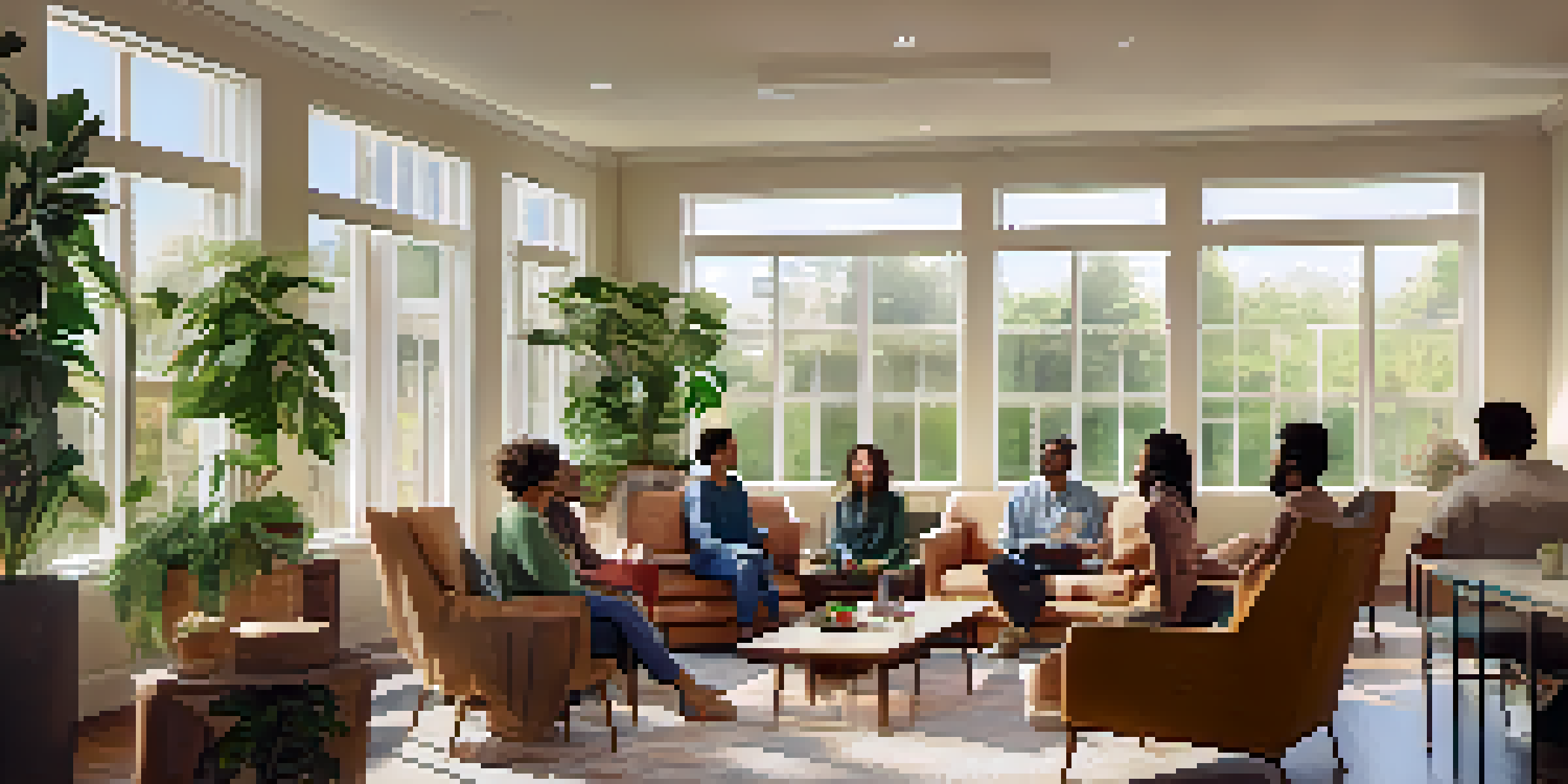 A warm and inviting communal living space with diverse individuals engaged in conversation, emphasizing support and healing.