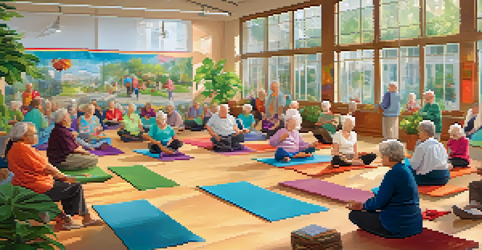 A lively community center with older adults participating in yoga and social activities, promoting interaction and well-being.