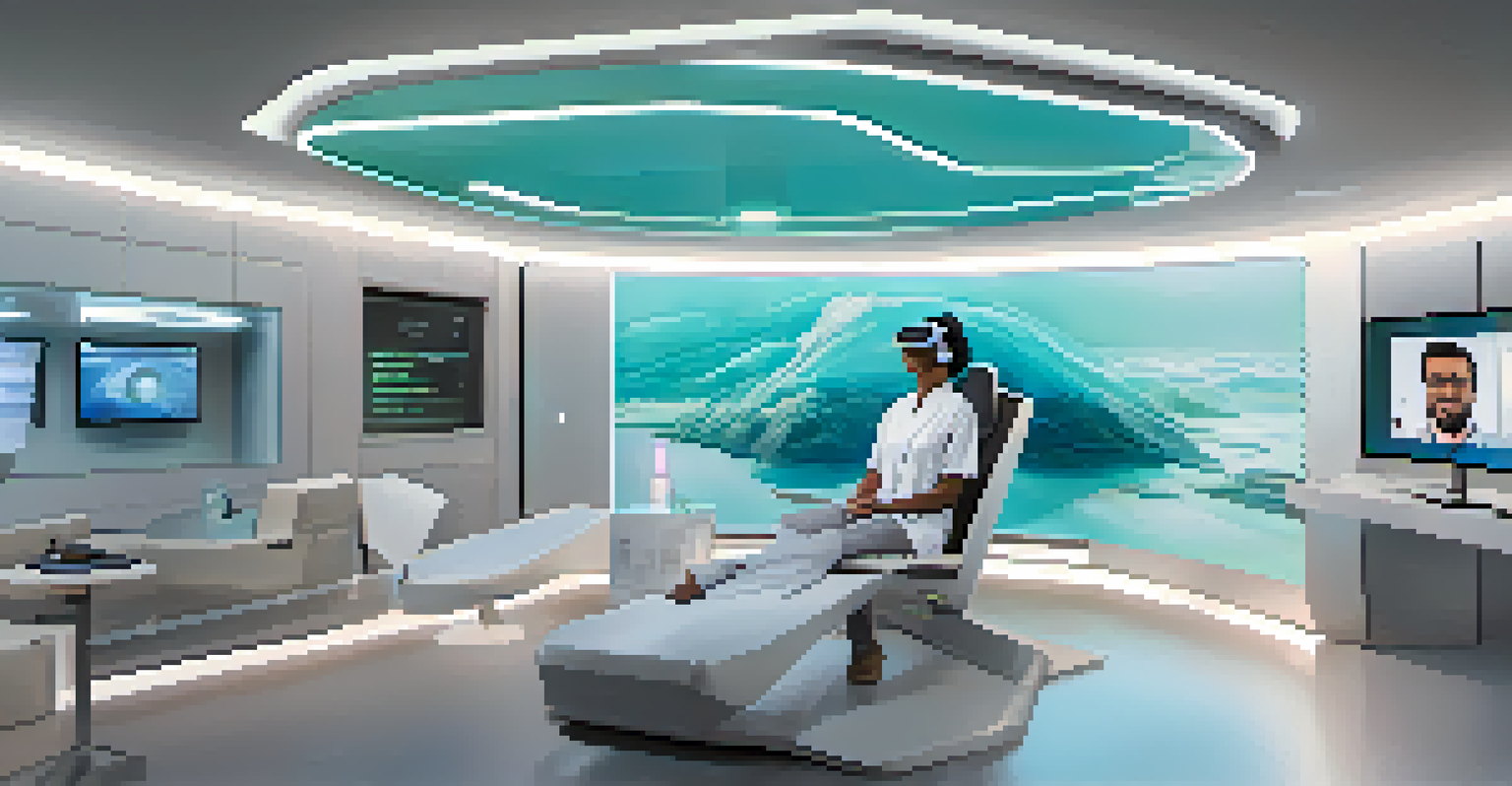 A modern telehealth consultation room filled with advanced technology, featuring a therapist and patient in a virtual session.