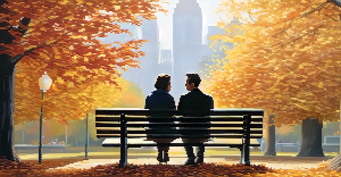 A couple sitting on a park bench in autumn, engaged in a heartfelt conversation with a warm golden light illuminating their faces.