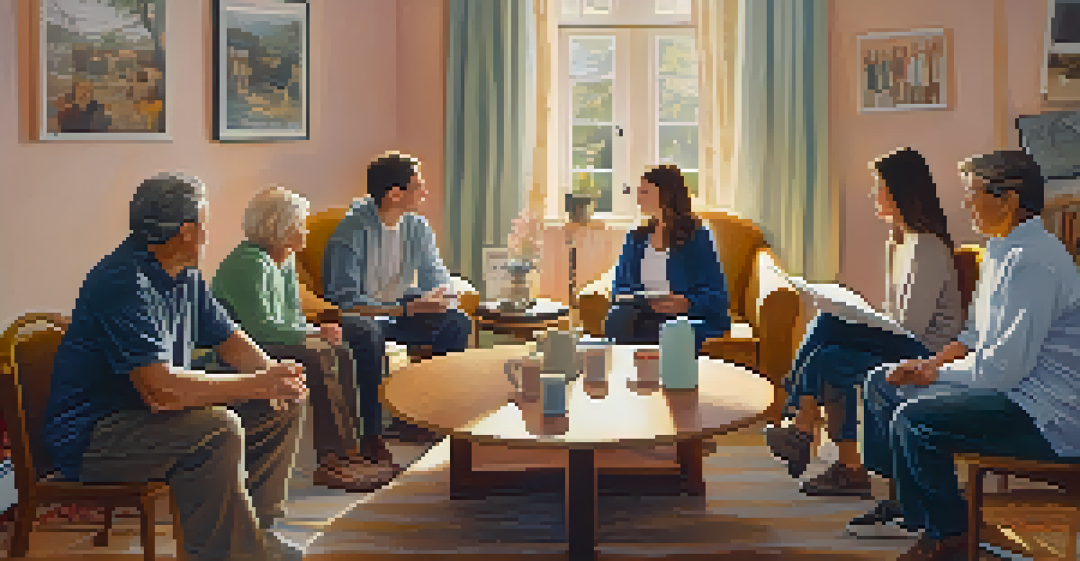 A small support group meeting in a cozy room with individuals sharing their experiences.