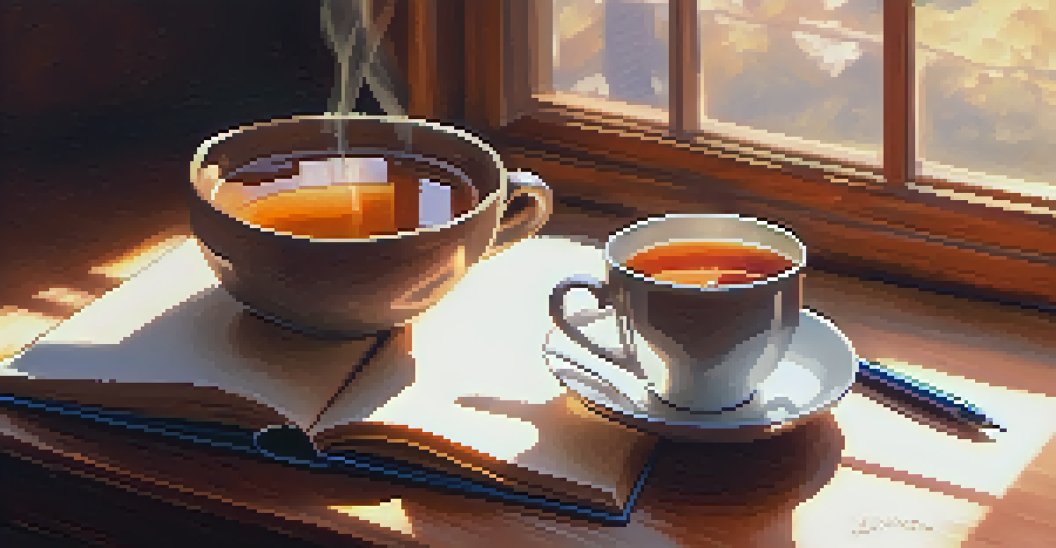 Close-up of hands holding a cup of tea next to a notebook and pen, with sunlight creating a warm atmosphere.