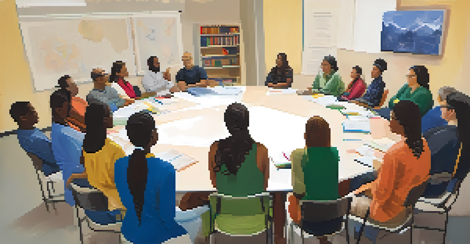 A diverse group of counselors attending a workshop on cultural competence, with visual aids and a speaker at the front.