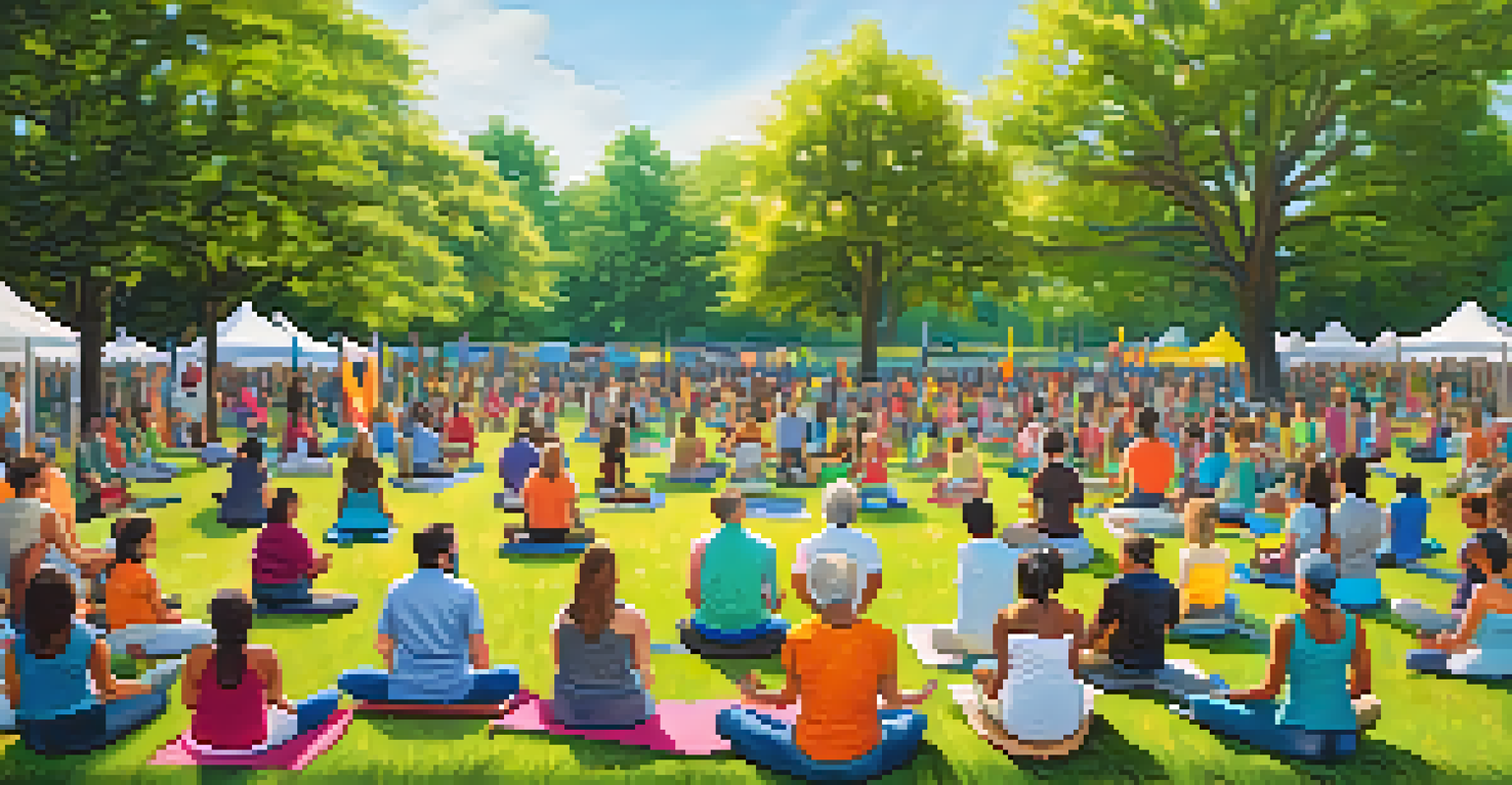 A lively community gathering in a park with people participating in yoga, art, and conversations, promoting healing and connection.