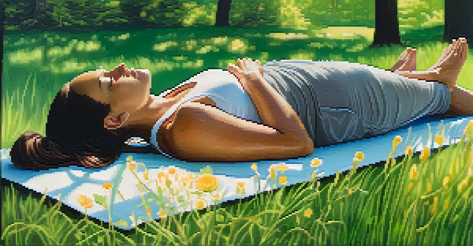 A person lying on a yoga mat outdoors, practicing body scan meditation in a peaceful park.