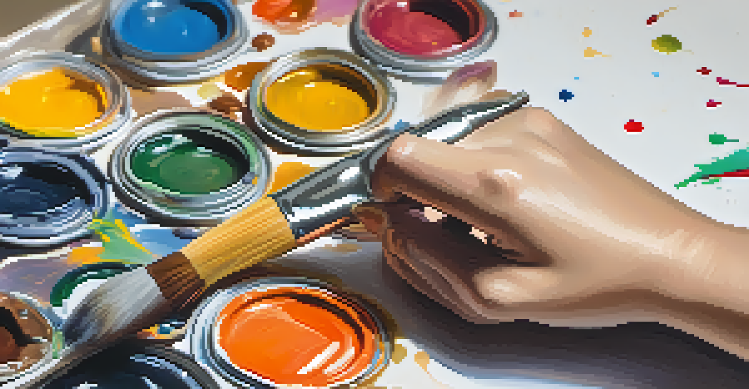 A close-up of a hand holding a paintbrush above a blank canvas, with a colorful palette in the background.