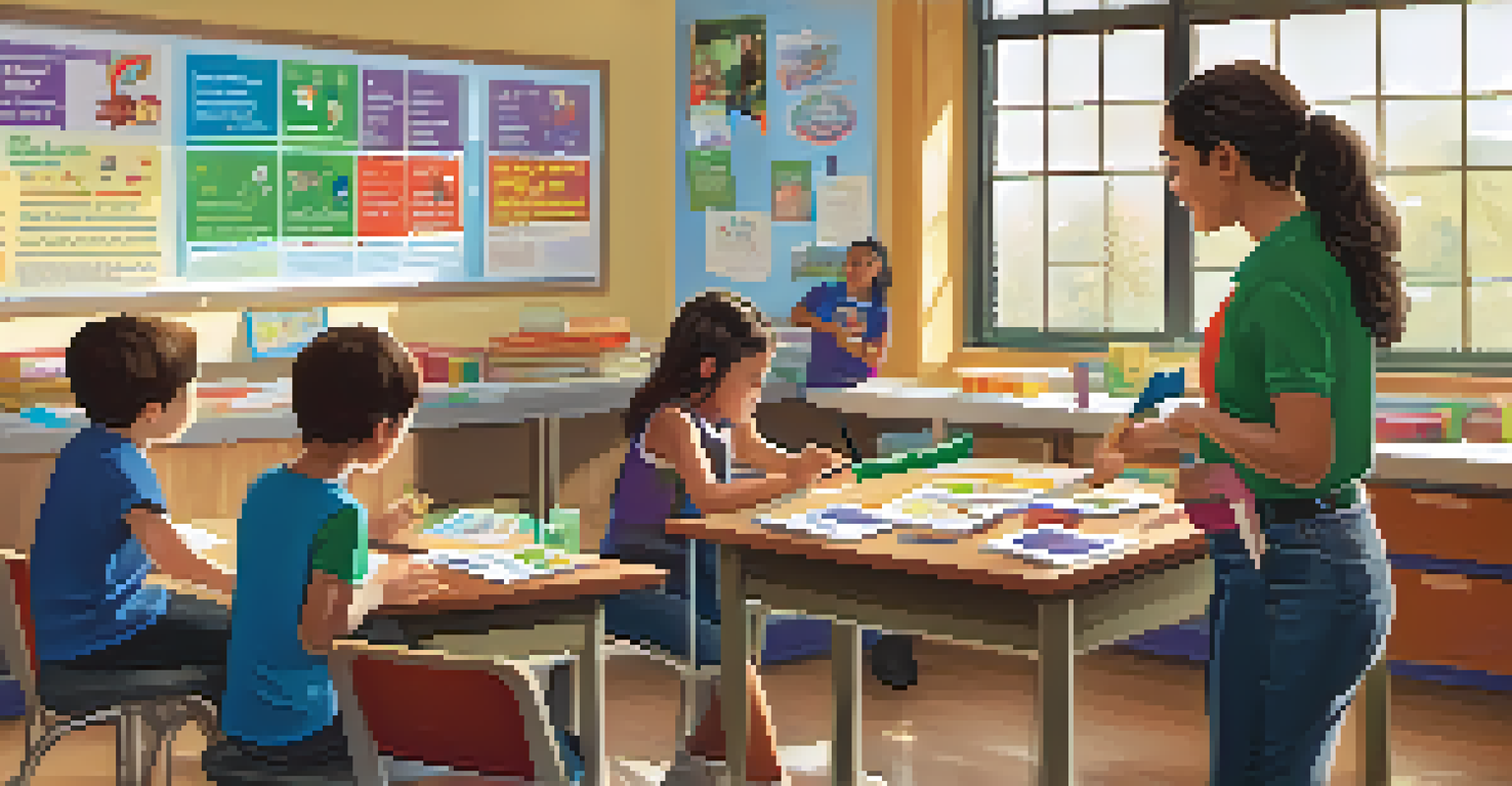 A classroom where a teacher is educating young students about substance use prevention, with educational materials and a bright, welcoming environment.