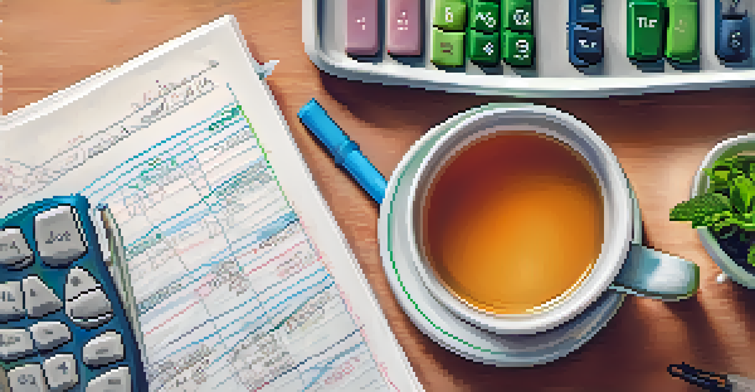 A close-up of a hand writing a budget in a journal with a calculator and tea nearby, emphasizing focus and organization.