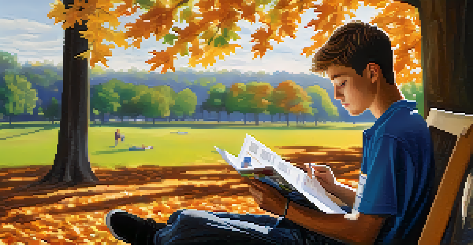 A teenager reading a brochure about substance use risks in a peaceful park filled with sunlight and trees.