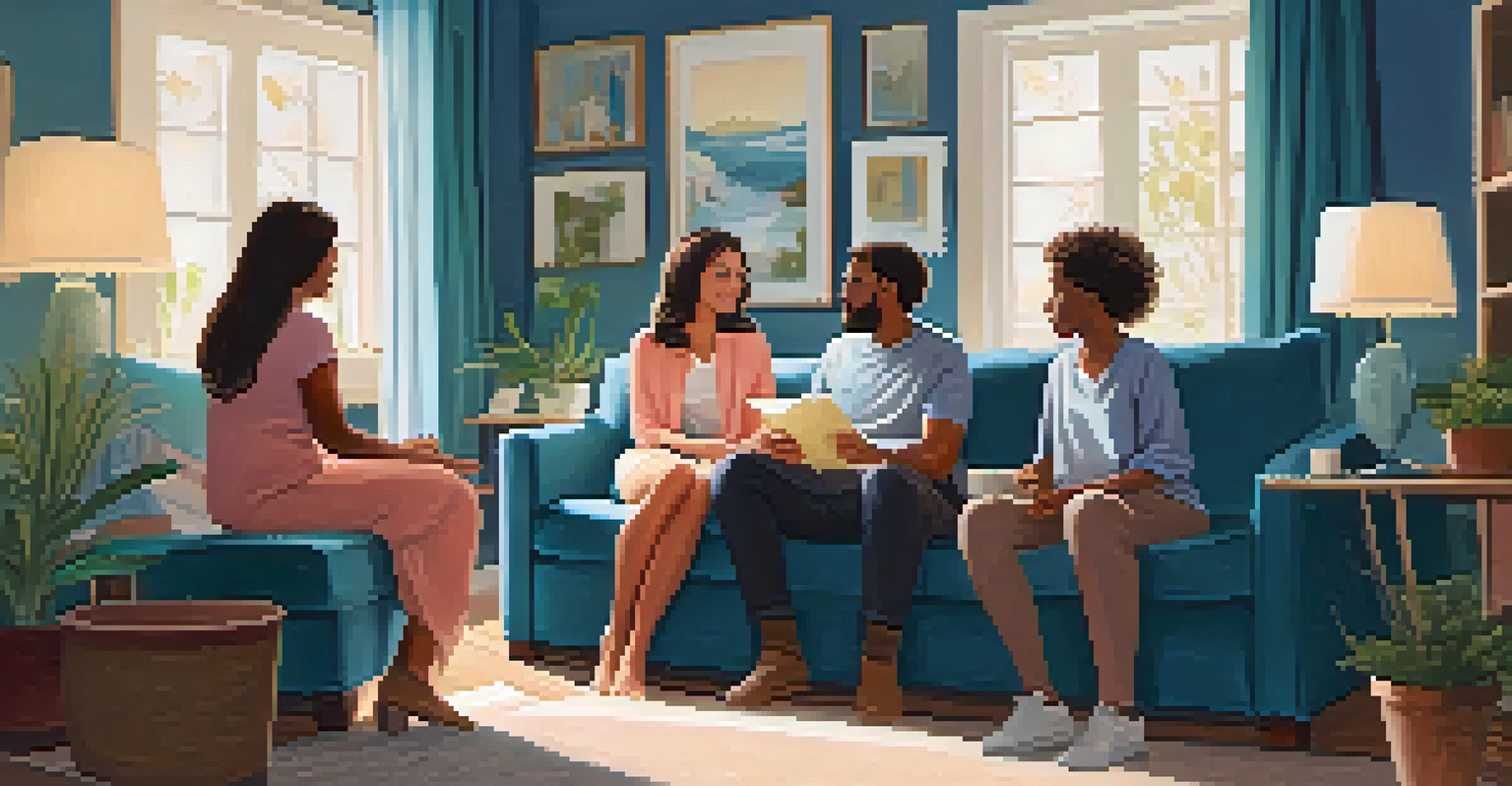 A family of four sitting together on a couch in a therapy session, with a therapist guiding their discussion in a calming room.