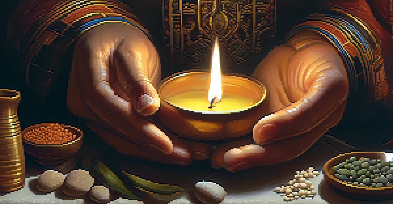 Close-up of hands engaged in a traditional healing ritual, showcasing herbs, stones, and candles with warm lighting.