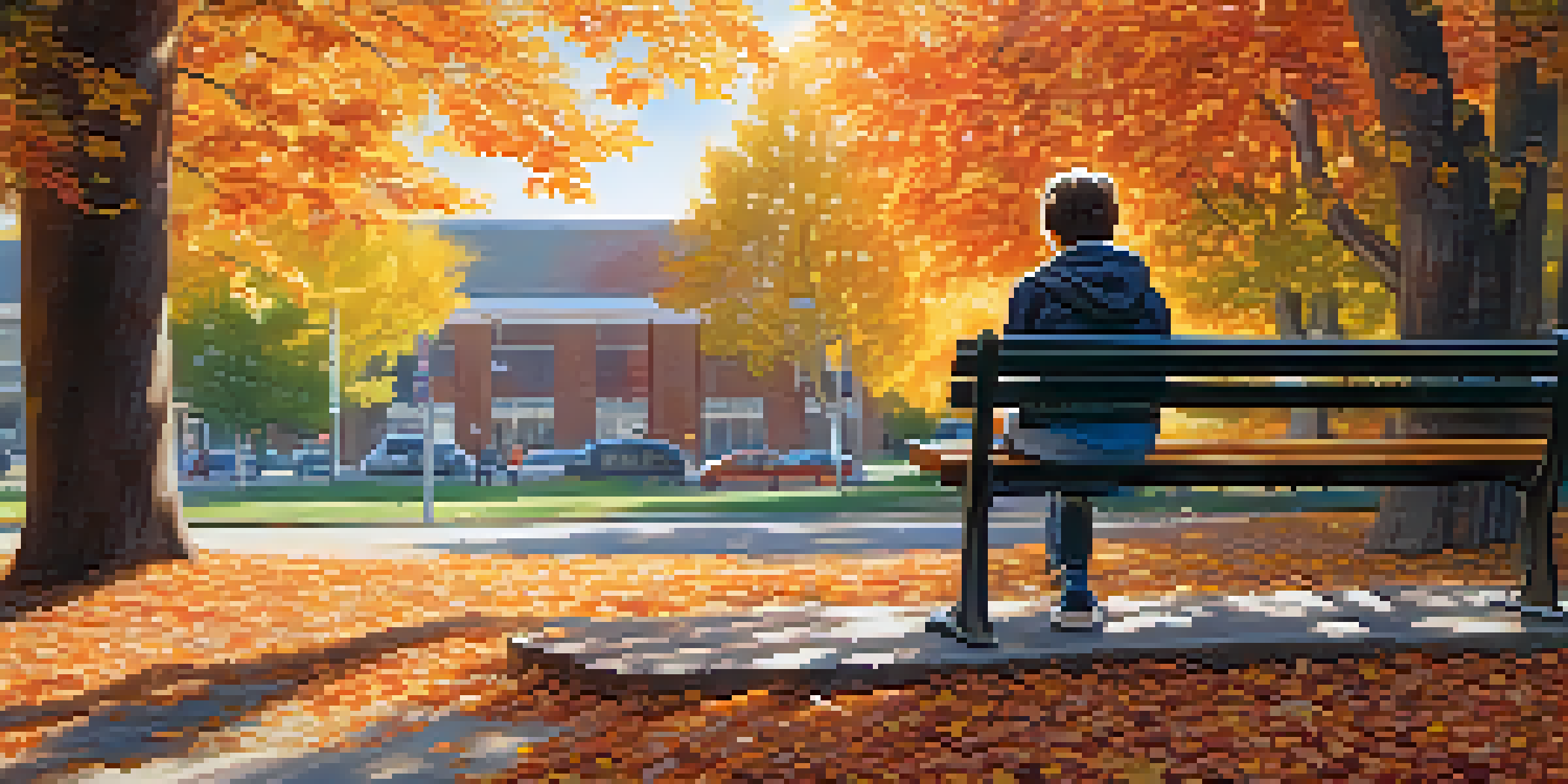 A young person sitting on a park bench surrounded by colorful autumn leaves, looking thoughtful in the sunlight.