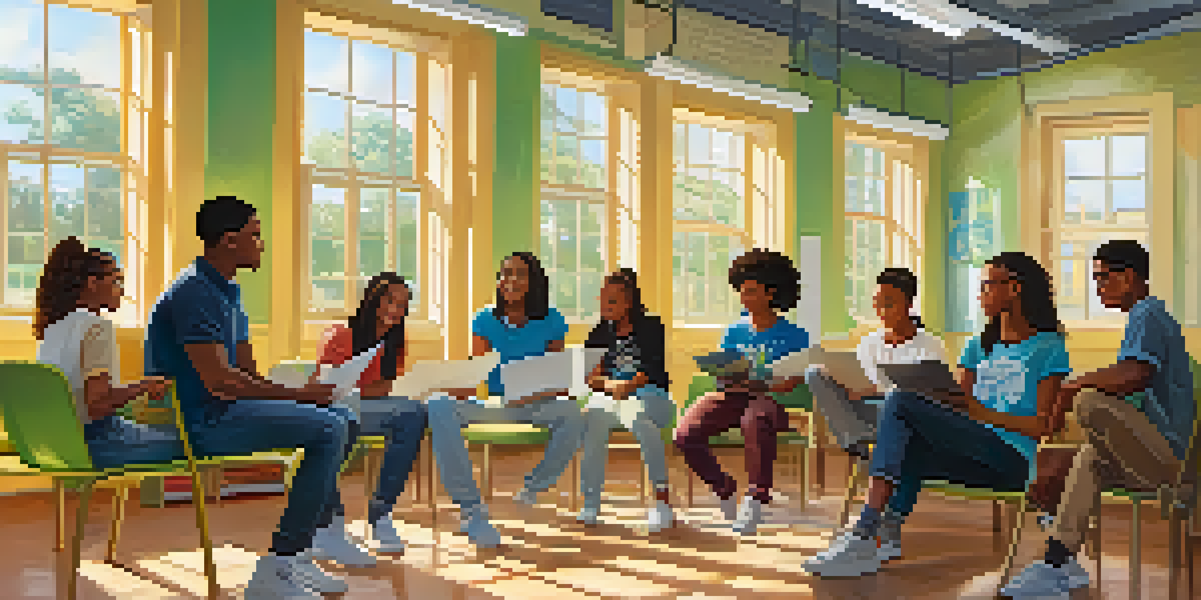 A diverse group of teenagers sitting in a modern classroom, engaged in discussion during a leadership program, with sunlight streaming through the windows.
